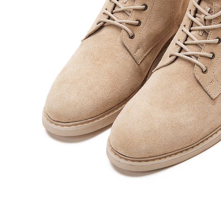 Suede Lace Up Genuine Leather Half Boots - Beige
