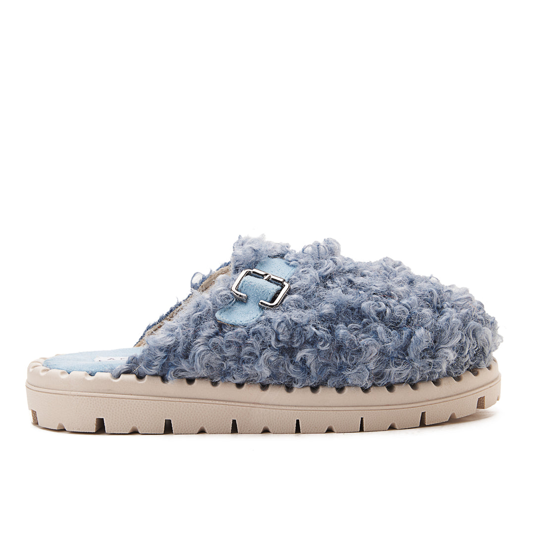 Faux Fur Womens Clogs With Buckles - Blue