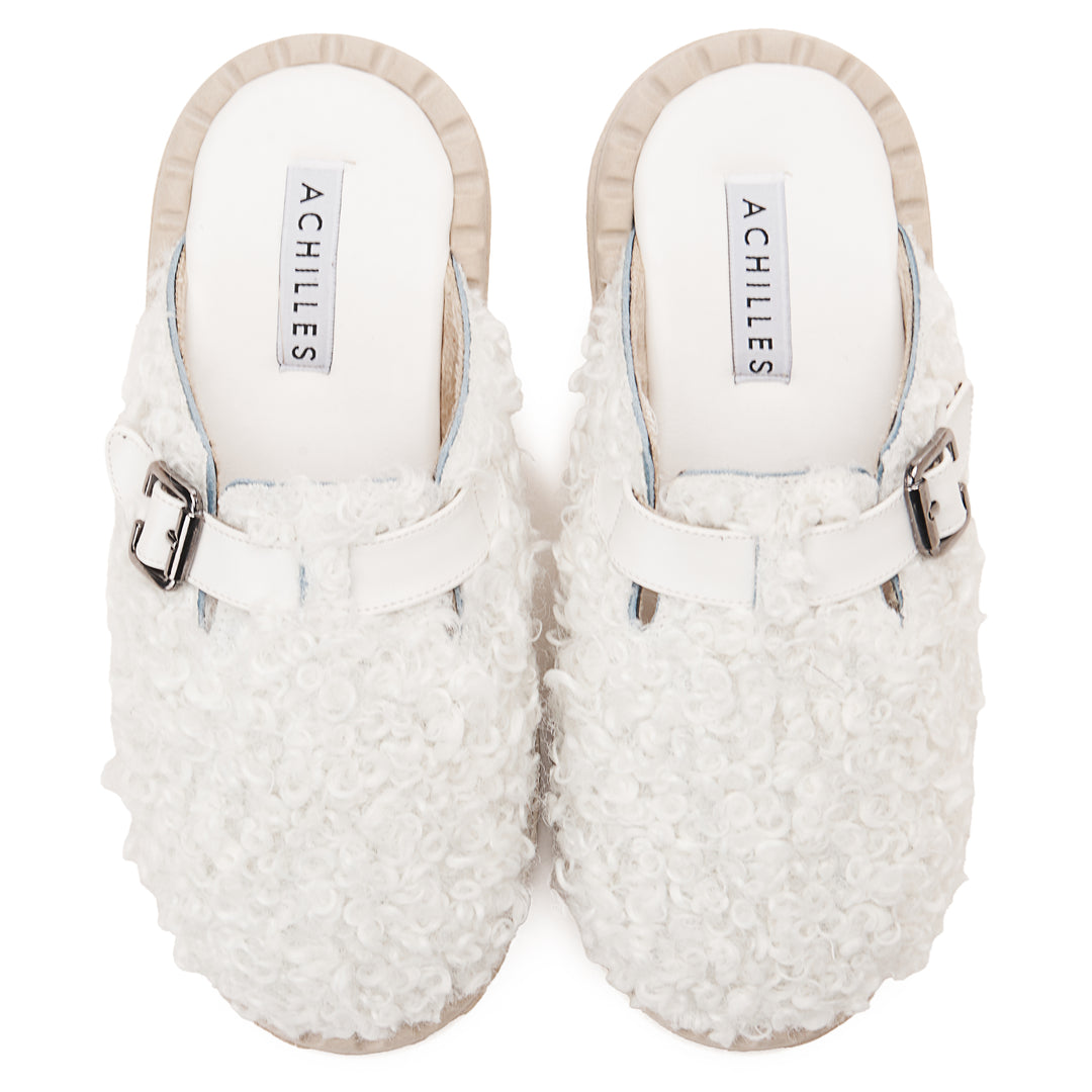 Faux Fur Womens Clogs With Buckles - White