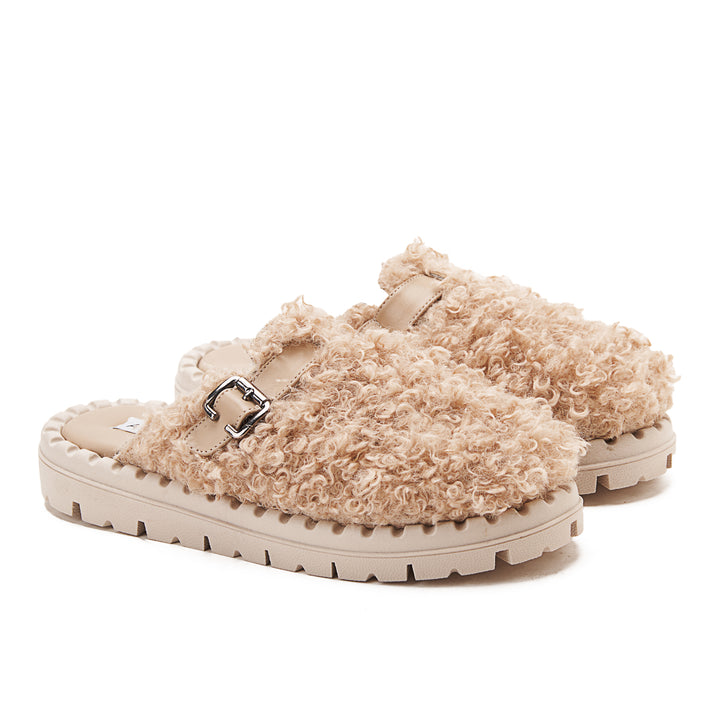 Faux Fur Womens Clogs With Buckles - Beige