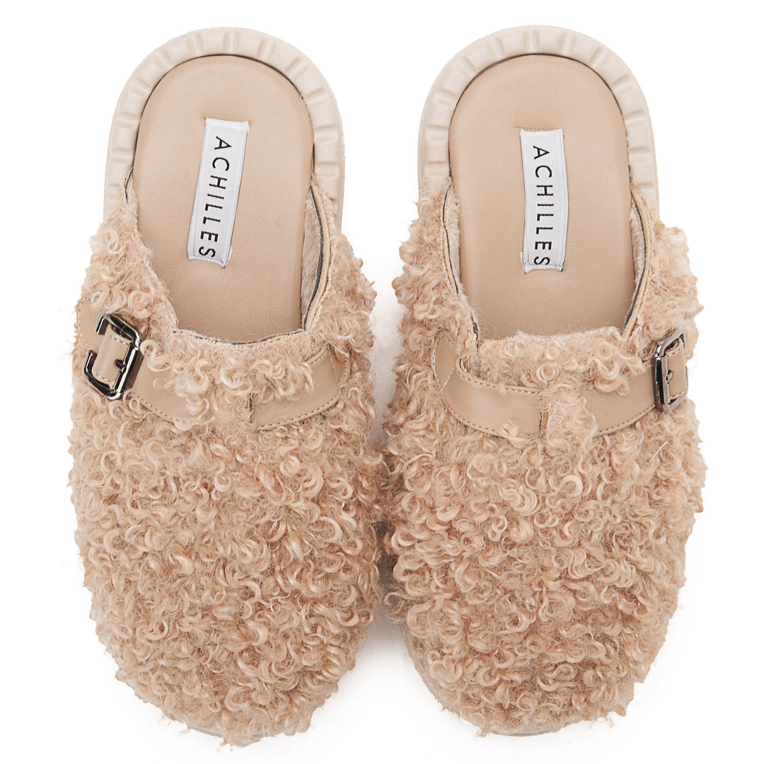 Faux Fur Womens Clogs With Buckles - Beige