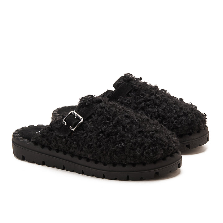 Faux Fur Womens Clogs With Buckles - Black