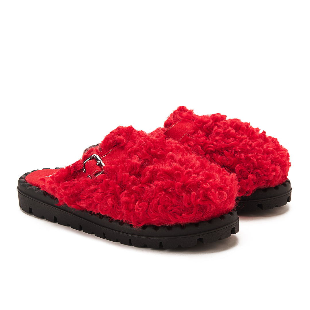 Faux Fur Womens Clogs With Buckles - Red
