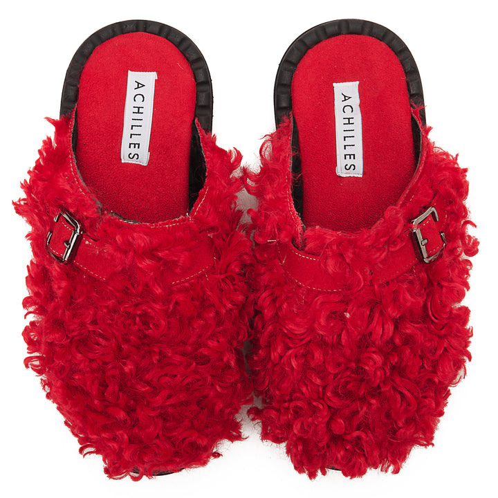 Faux Fur Womens Clogs With Buckles - Red