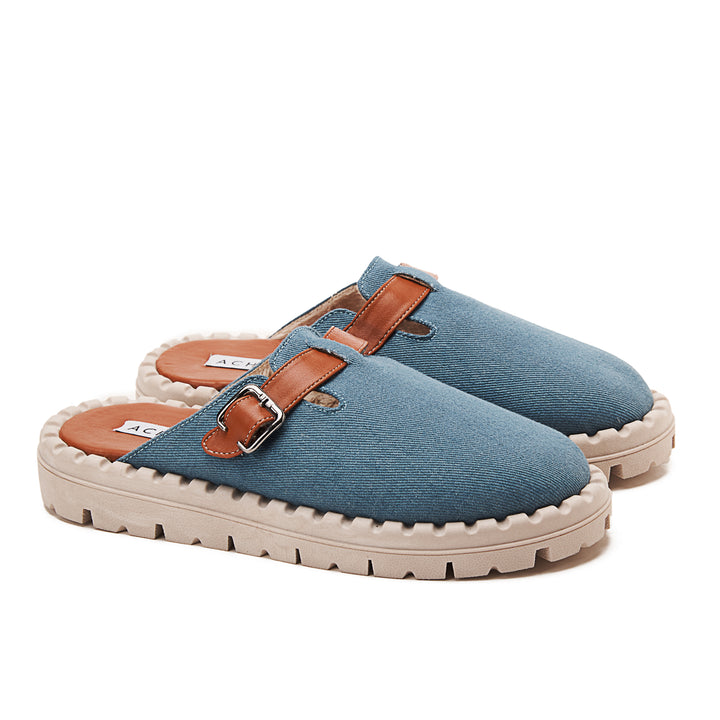 Womens Faux Denim Fabric With Buckle Clogs - Blue