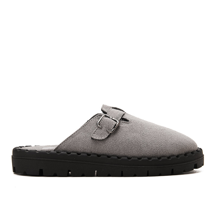Womens Faux Suede With Buckle Clogs - Grey