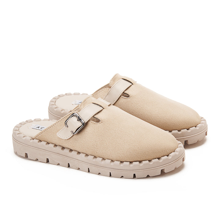 Womens Faux Suede With Buckle Clogs - Beige