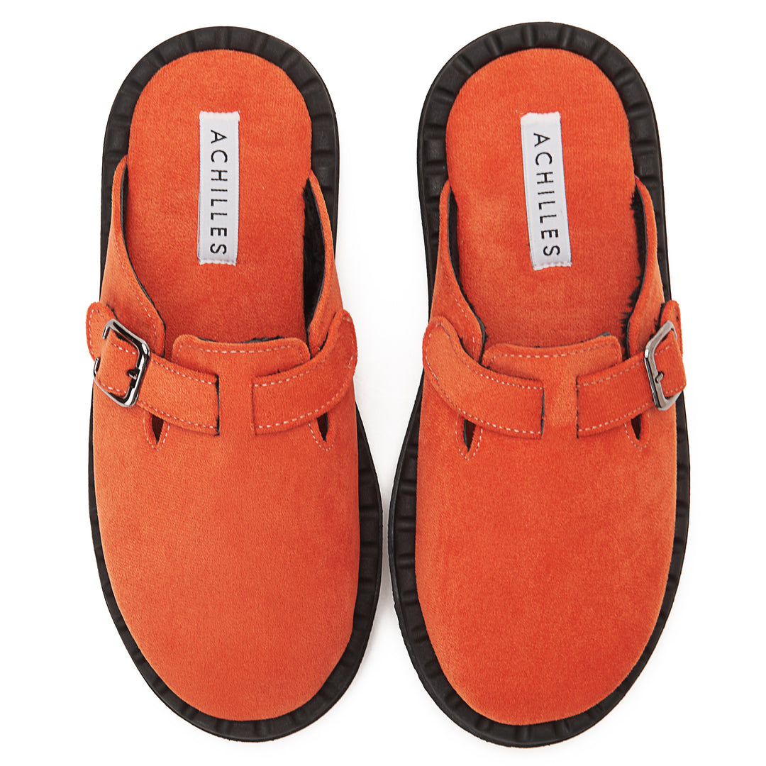 Womens Faux Suede With Buckle Clogs - Orange