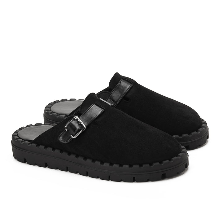 Womens Faux Suede With Buckle Clogs - Black