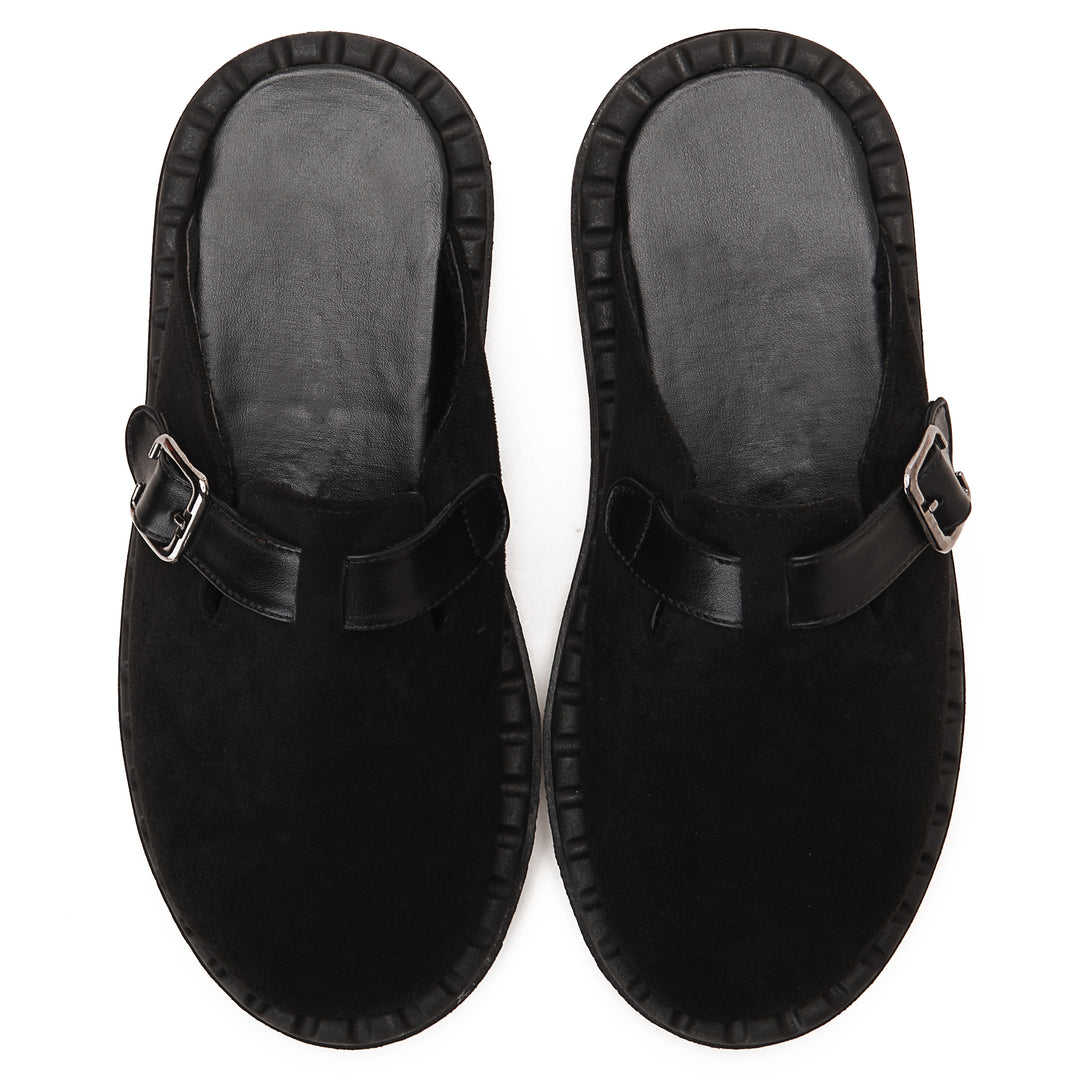Womens Faux Suede With Buckle Clogs - Black