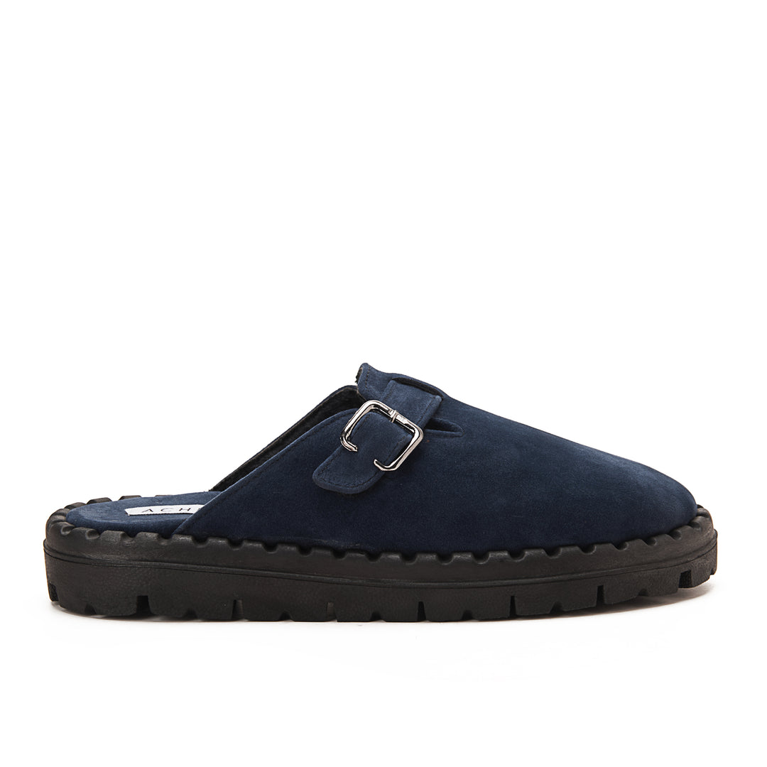 Womens Faux Suede With Buckle Clogs - Dark Blue