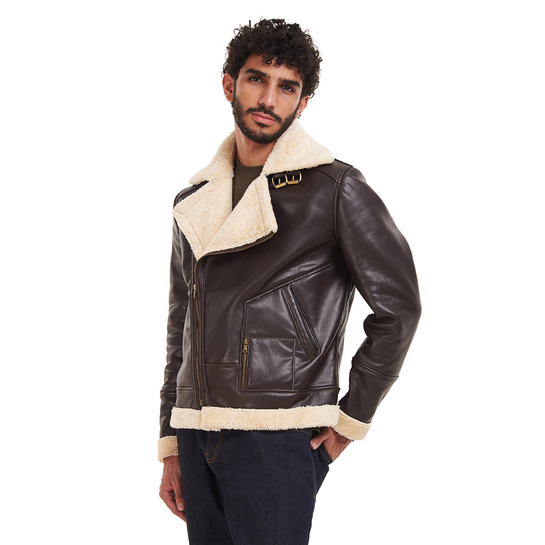 Genuine Leather Fur Lined Men Jacket  - Brown