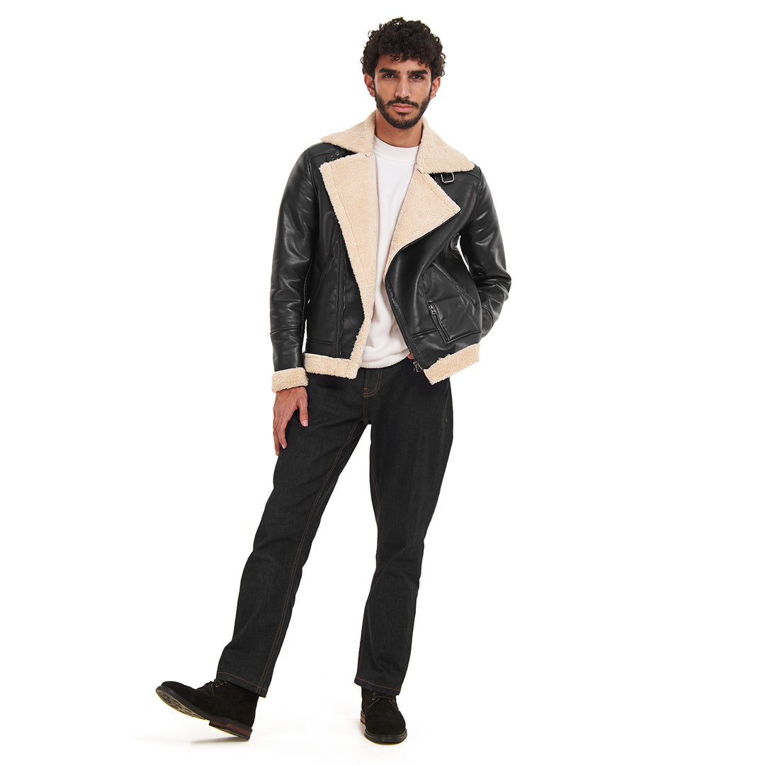 Genuine Leather Fur Lined Men Jacket  - Black